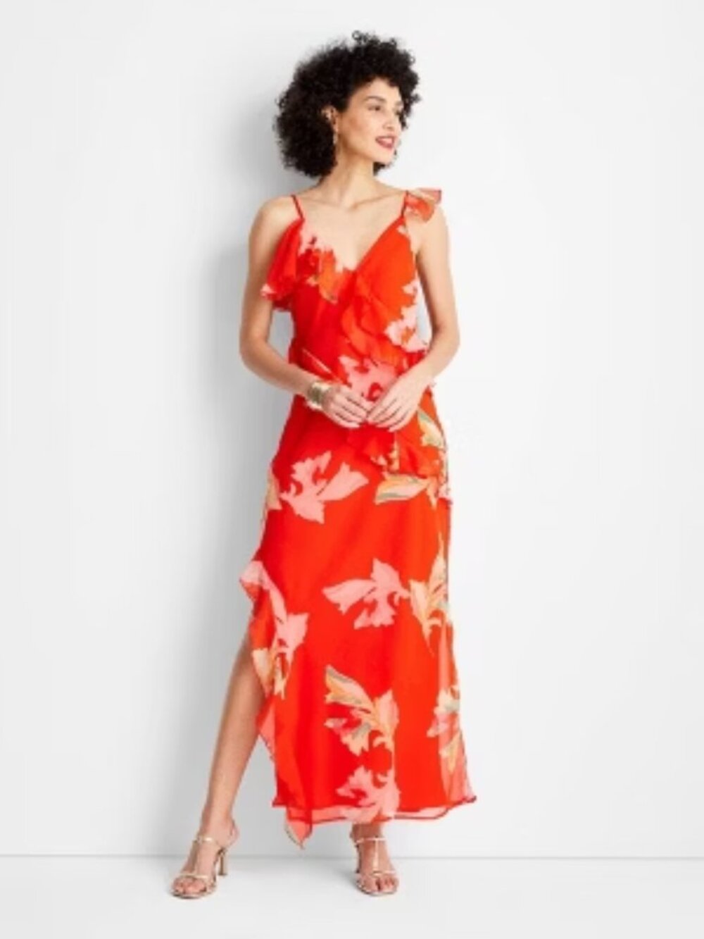 Sleeveless Red Floral Maxi Dress with Ruffle Detail